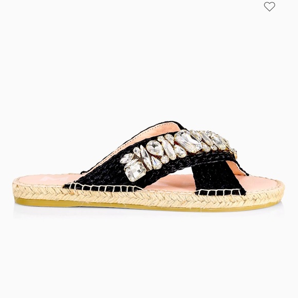 Manebi Shoes - Crystal Raffia Espadrille Sandals Black W Diamonds, 38 (8)